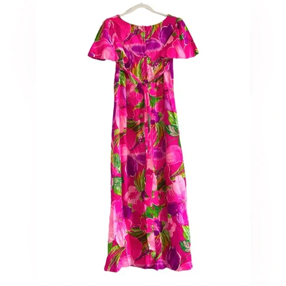 Vtg 60's Pink Magenta Floral Barkcloth Empire Waist Muumuu Dress Tie Back - XS - Picture 3 of 9